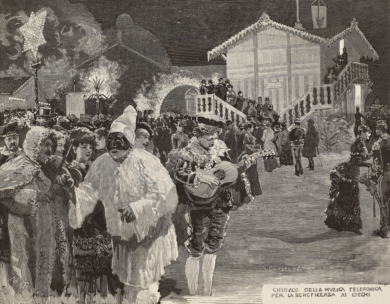 Hudební kiosek na výběr peněz pro nevidomé, maska Pulcinella, Karneval v Neapoli, Itálie, rytina z kresby Matania, rytina Gamberoni z L
