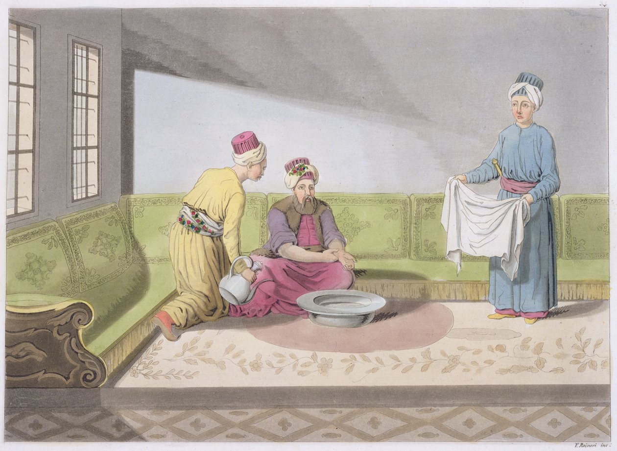 Muslim Performing his Ablutions, deska 34 z části III, svazek I Dějin národů, vyryl V. Raineri (akvatinta) od Italian School