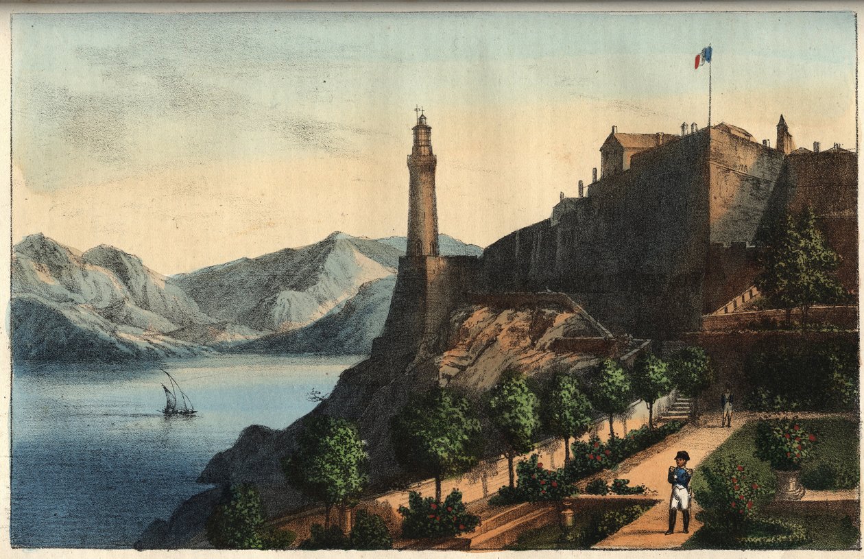 Napoleon na Elbě - Napoleon na Elbě - Portoferraio - Ostrov Elba - Napoleon v zahradě guvernéra 1814-1815 - rytina z „“ Zvyky a obyčeje všech národů vesmíru. To je historie vlády, zákonů, milicí, náboženství všech od Italian School