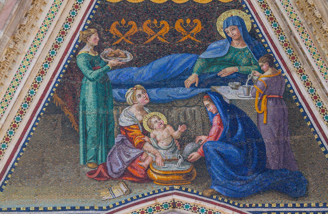Narození Panny Marie, mozaika, štít bočního vchodu, mozaika, fasáda katedrály Orvieto, Umbrie, Itálie od Italian School