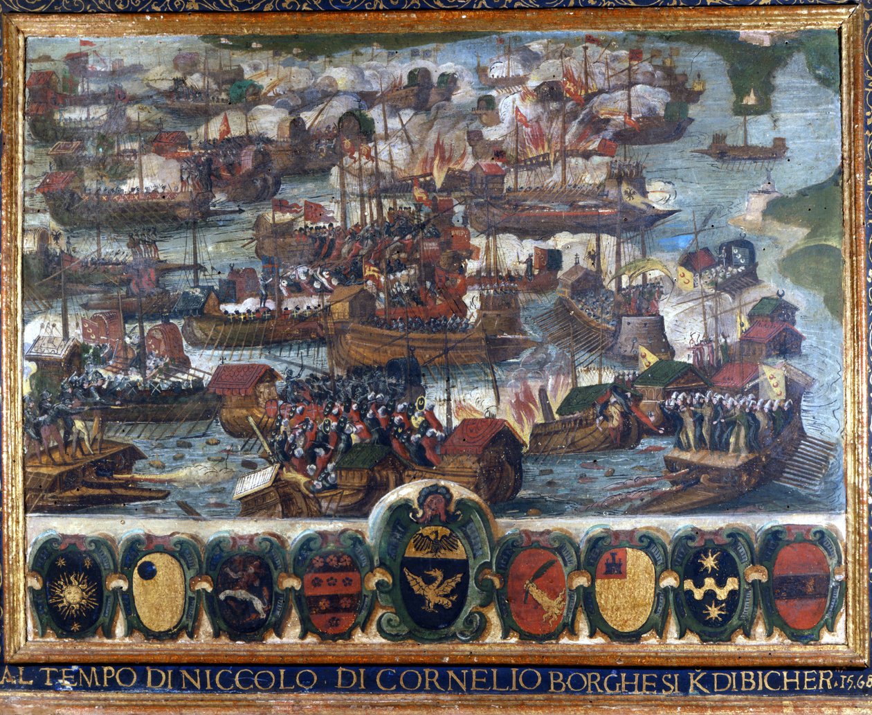 Námořní bitva u Lepanta (Lepanto): "" V té době Niccolo di Cornelio Borghesi Kdibicher "" - obraz zachovaný v Národním archivu v Sieně. od Italian School