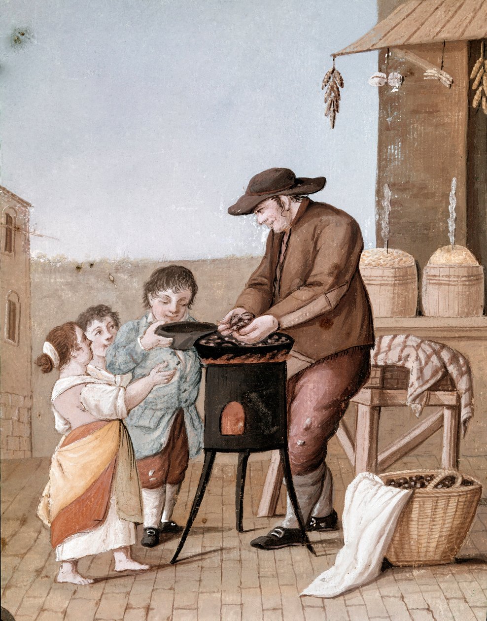 Neapolští malí metieri: prodejce kaštanů - (Starý obchod: prodejce kaštanů) Akvarel 19. století - Neapolské Museo Nazionale di San Martino od Italian School