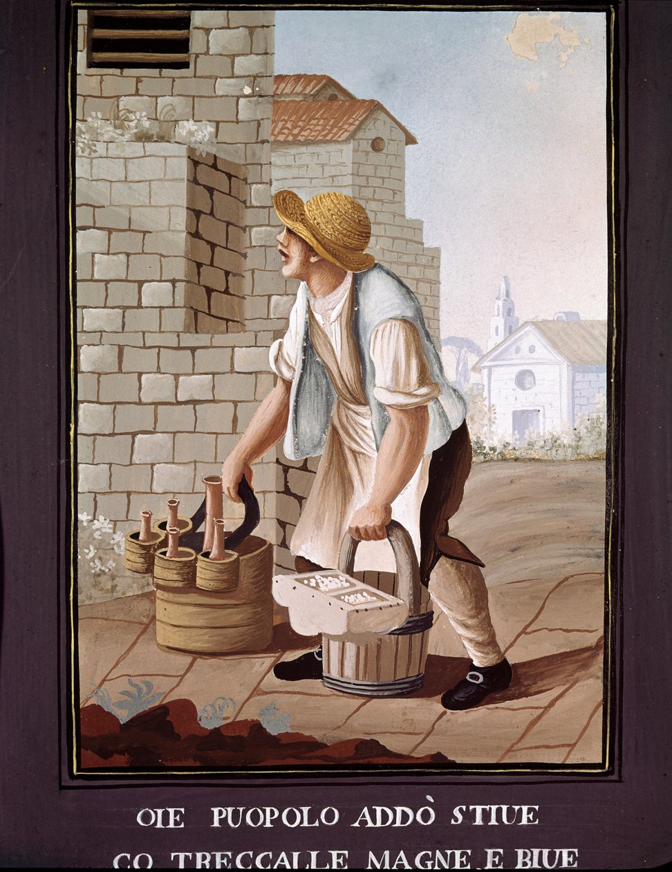 Neapolští malí metieri: cestující prodejce potravin (potravinář) - (Starý obchod: potulný obchodník s potravinami) Akvarel 19. století - Neapolské Museo Nazionale di San Martino od Italian School
