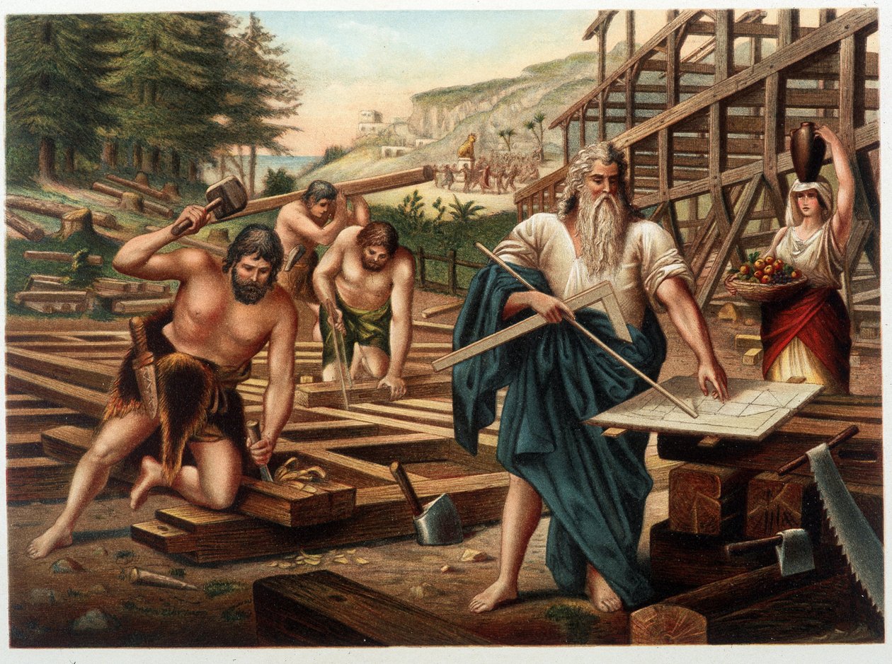 Noe a jeho rodina staví archu (Noe se dívá na plán stavby) v knize „Zlatá klasická Bible: Historie Božího zjevení ve starověkém a Novém Tesiamentu“ od Giovanniho Ladislao Sykory (vol. 1), přeložil Don Clemente Benetti (Itálie od Italian School