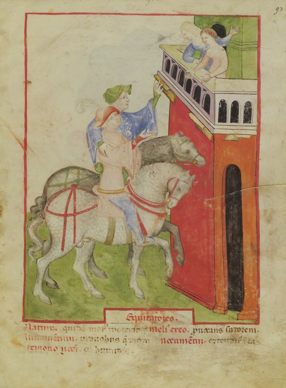 Nouv Acq Lat 1673 f.93 Jízda na koni, z Tacuinum Sanitatis, asi 1390-1400 od Italian School