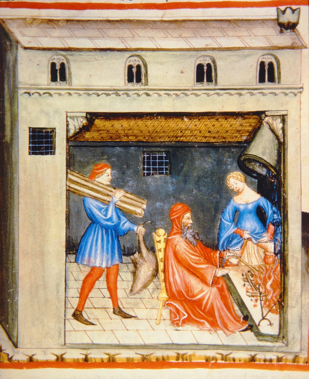 Nova 2644 fol.55r Zima: Před ohněm, z Tacuinum Sanitatis od Italian School