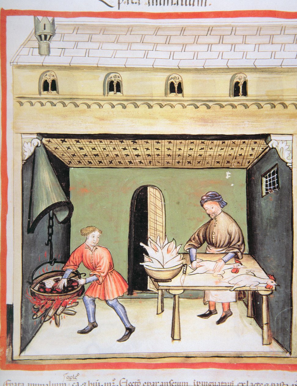 Nova 2644 fol.80r Řezníci: Vaření jater, z Tacuinum Sanitatis od Italian School