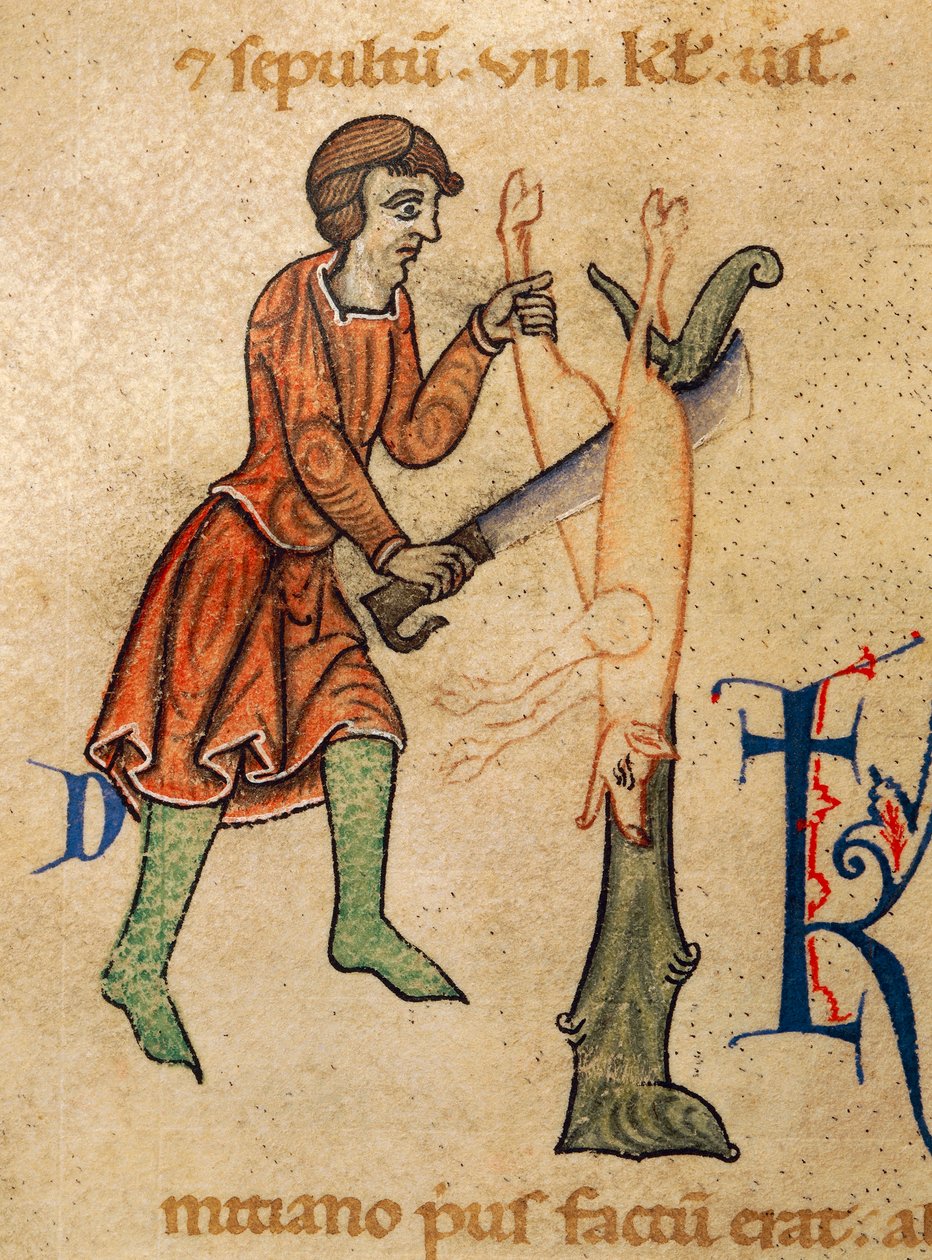 Listopad, Butcher quarters pig, Miniatura z Martyrology of Adonis, Itálie od Italian School