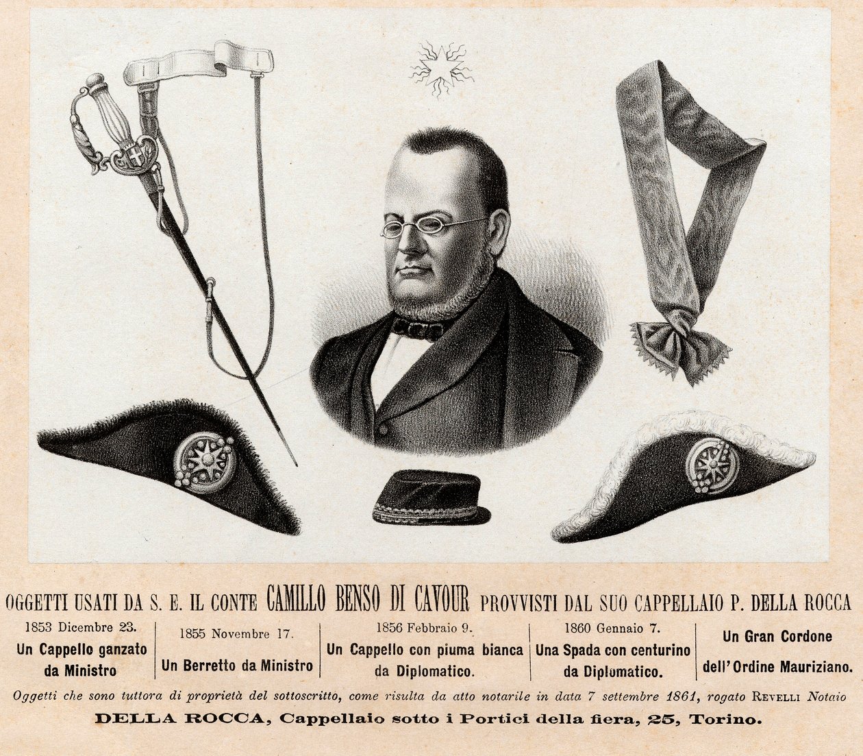 Předměty používané Camillo Benso conte di Cavour (1810-1861) - klobouky a odznaky jeho politických a diplomatických funkcí, s velkou šňůrou Řádu svatého Maurice a svatého Lazara (Ordine dei Santi Maurizio e Lazzaro) - rytina 19. stol. od Italian School