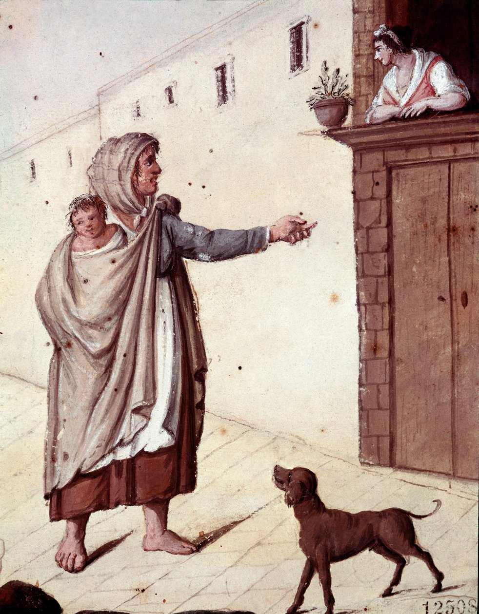 Staré neapolské metiers: žebračka a její dítě v ulicích Neapole - (staré neapolské obchody: žebrák) Akvarel 19. století - Neapol Museo Nazionale di San Martino od Italian School