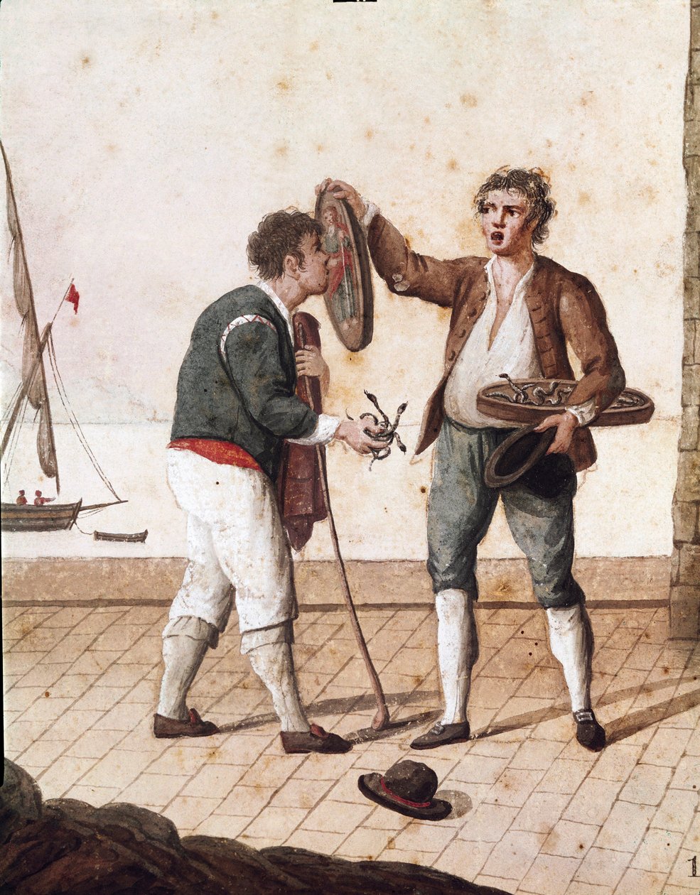 Staré neapolské metiery: prodejci malých hadů - (staroneapolské obchody: prodejce užovek) Akvarel 19. století - Neapolské Museo Nazionale di San Martino od Italian School