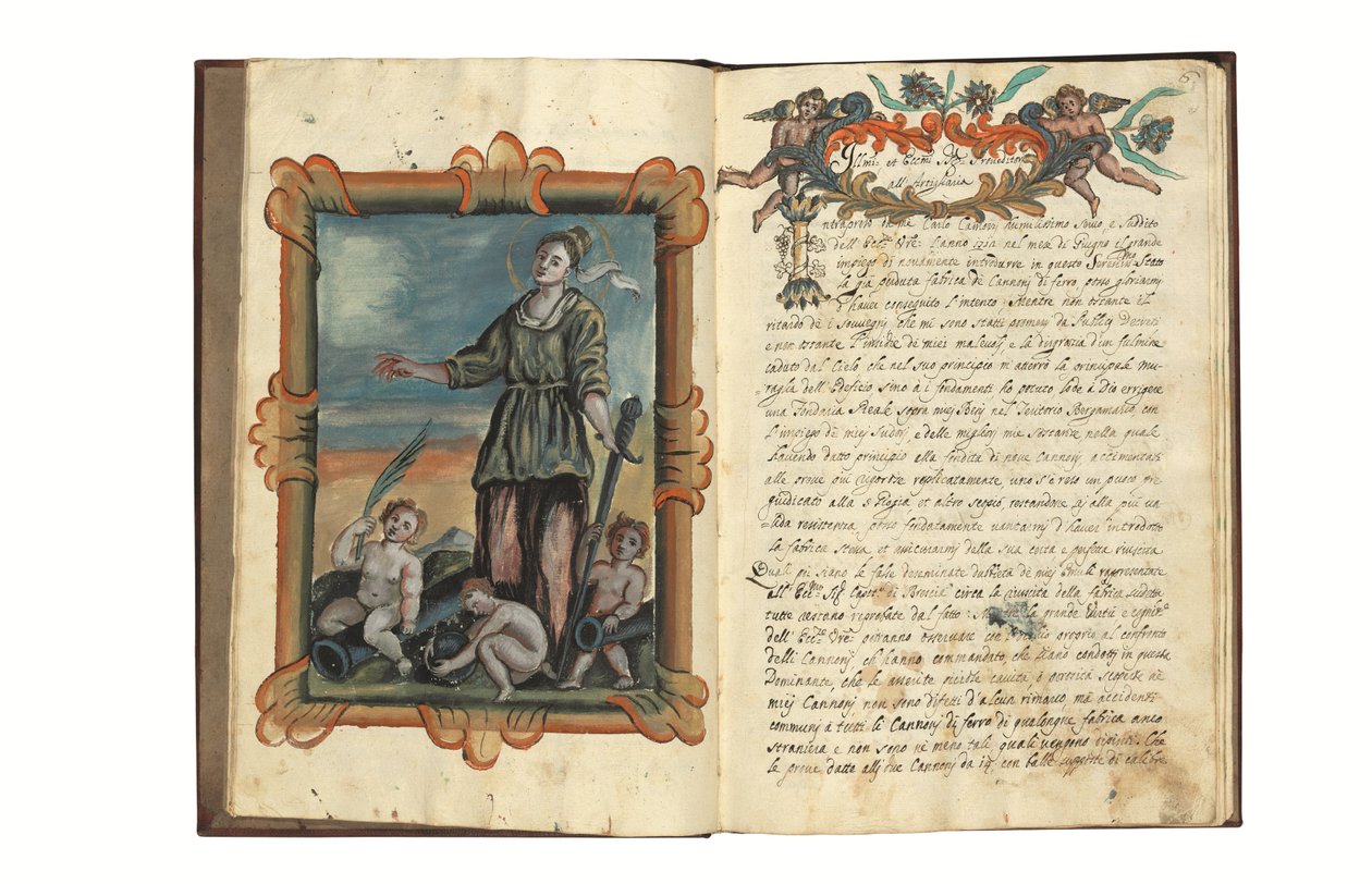 O výrobě děl pro Benátskou republiku Carlo Camozzi di Bergamo (fl.1712), italsky a latinsky, ilustrovaný rukopis na papíře, Benátky, 1. pol. 18. stol. (tuš a barva na papíře) od Italian School