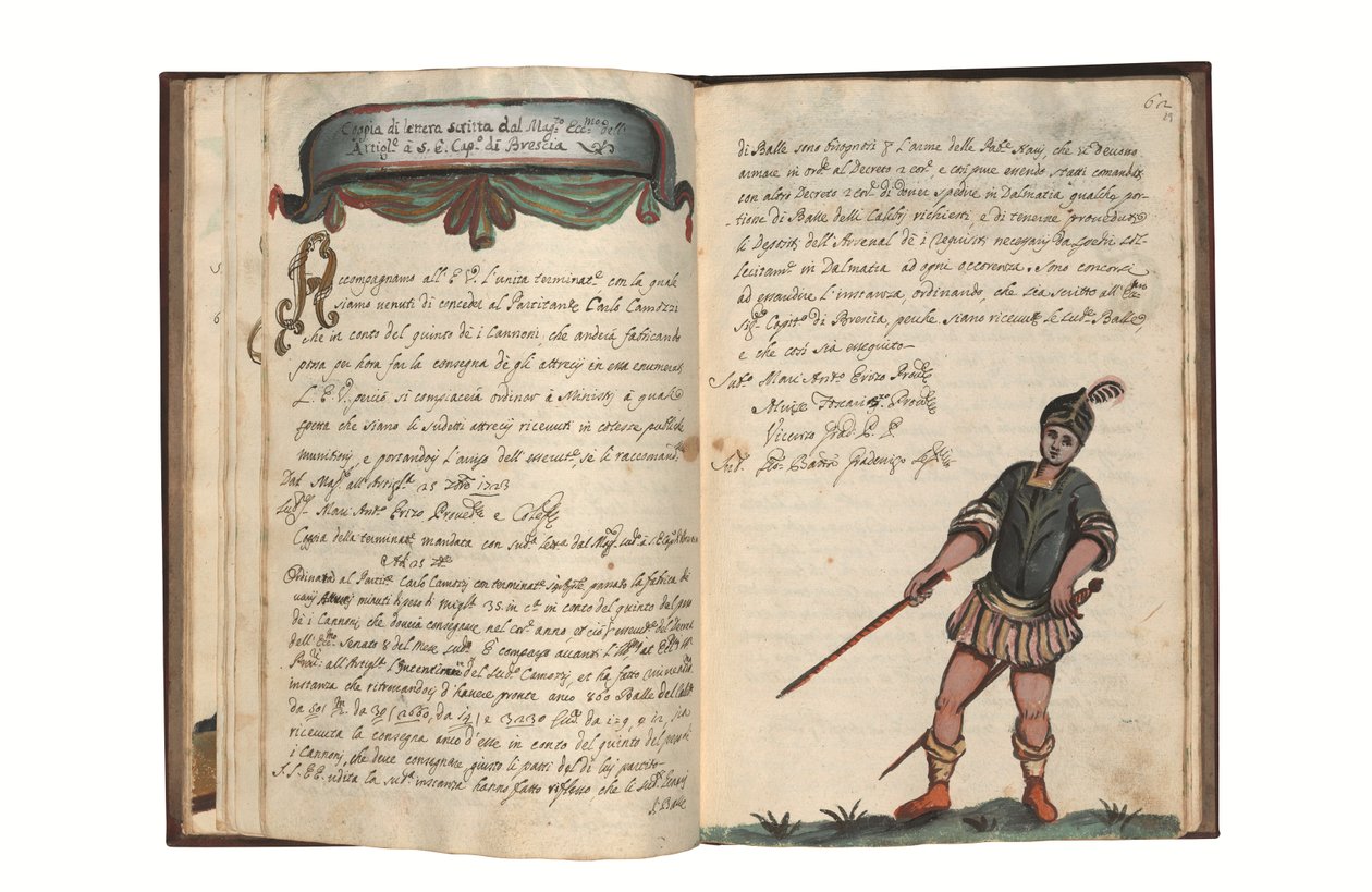 O výrobě děl pro Benátskou republiku Carlo Camozzi di Bergamo (fl.1712), italsky a latinsky, ilustrovaný rukopis na papíře, Benátky, 1. pol. 18. stol. (tuš a barva na papíře) od Italian School