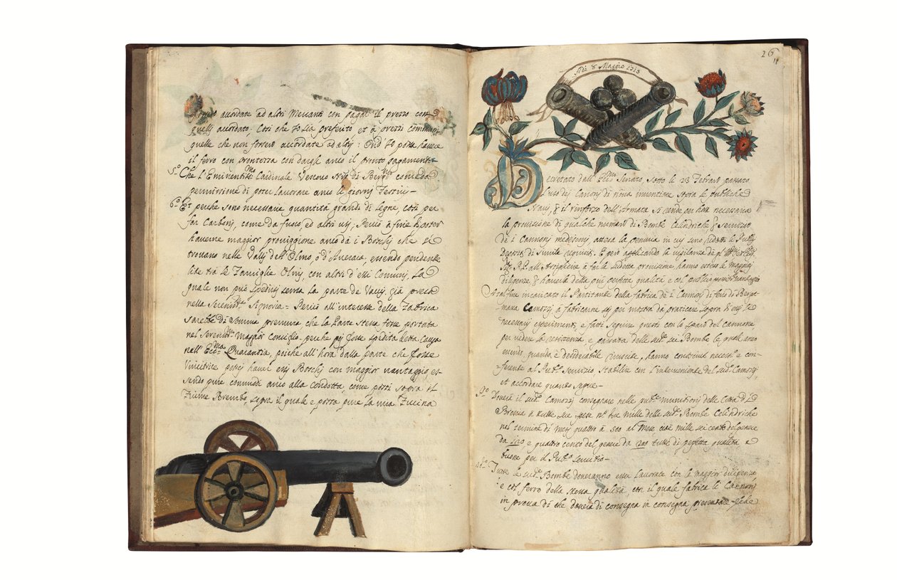 O výrobě děl pro Benátskou republiku Carlo Camozzi di Bergamo (fl.1712), italsky a latinsky, ilustrovaný rukopis na papíře, Benátky, 1. pol. 18. stol. (tuš a barva na papíře) od Italian School