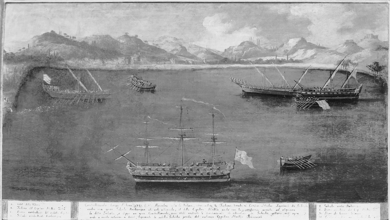 Jeden z námořních exploatů slavného námořníka Mattia Ivanoviče da Dobroty, kolem roku 1730 od Italian School