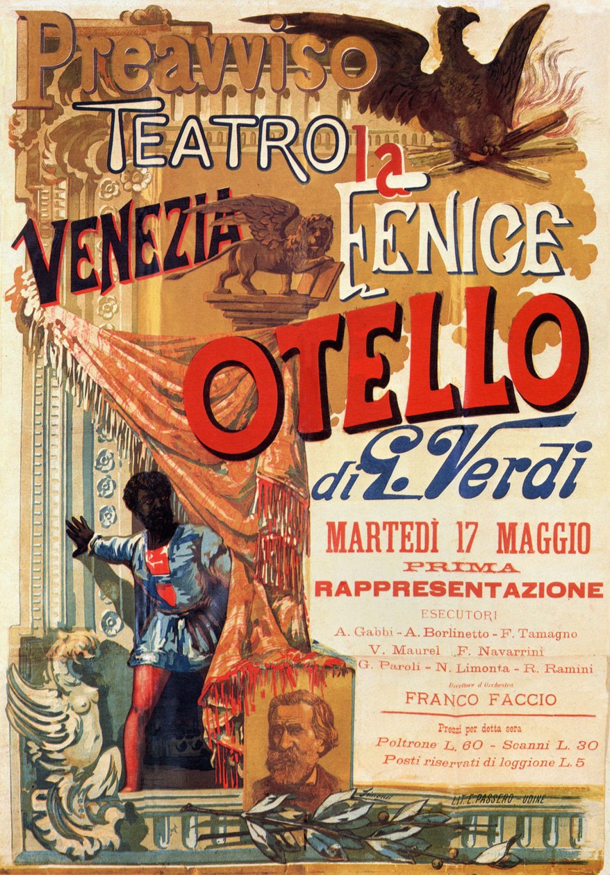 Otello: Plakát k prvnímu představení Verdiho opery Otello v Teatro Fenice v Benátkách od Italian School