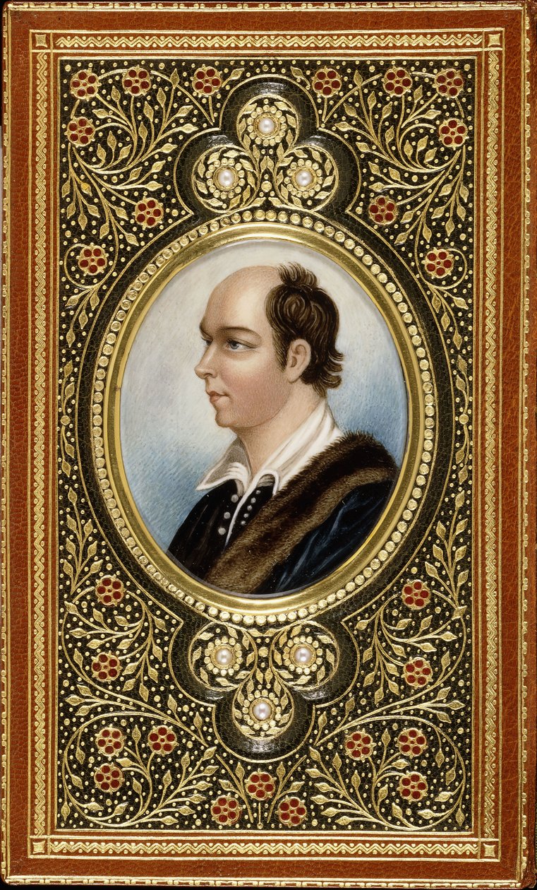 Oválný miniaturní portrét Olivera Goldsmitha, rámovaný zlacenými trojlístky se třemi perlami, 1831 od Italian School