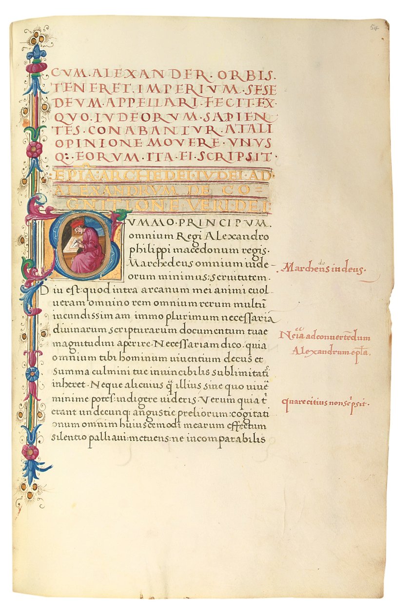 PSEUDO-ARISTOTLE, Secreta secretorum; "MARDOCHEUS IUDEUS", Epistola ad Alexandrum de cognitione veri dei; ADAM DE MONTALDO (fl. cca 1450-1495), Divinitus prolata iudicia sive premonita; Quedam alia summatim posita iudicia, Řím, cca 1490 (tuš a barva na vel od Italian School