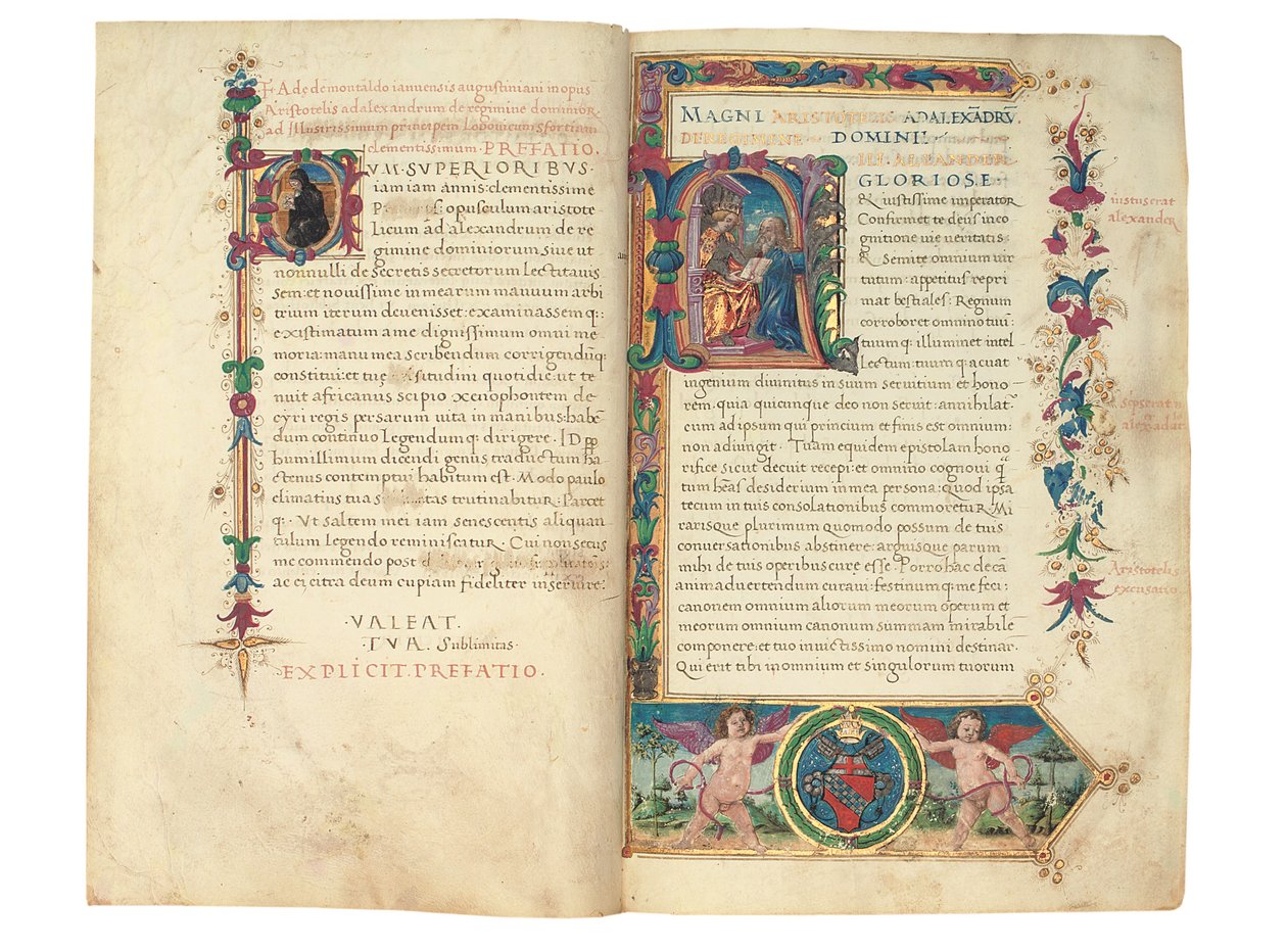 PSEUDO-ARISTOTLE, Secreta secretorum; "MARDOCHEUS IUDEUS", Epistola ad Alexandrum de cognitione veri dei; ADAM DE MONTALDO (fl. cca 1450-1495), Divinitus prolata iudicia sive premonita; Quedam alia summatim posita iudicia, Řím, cca 1490 (tuš a barva na vel od Italian School