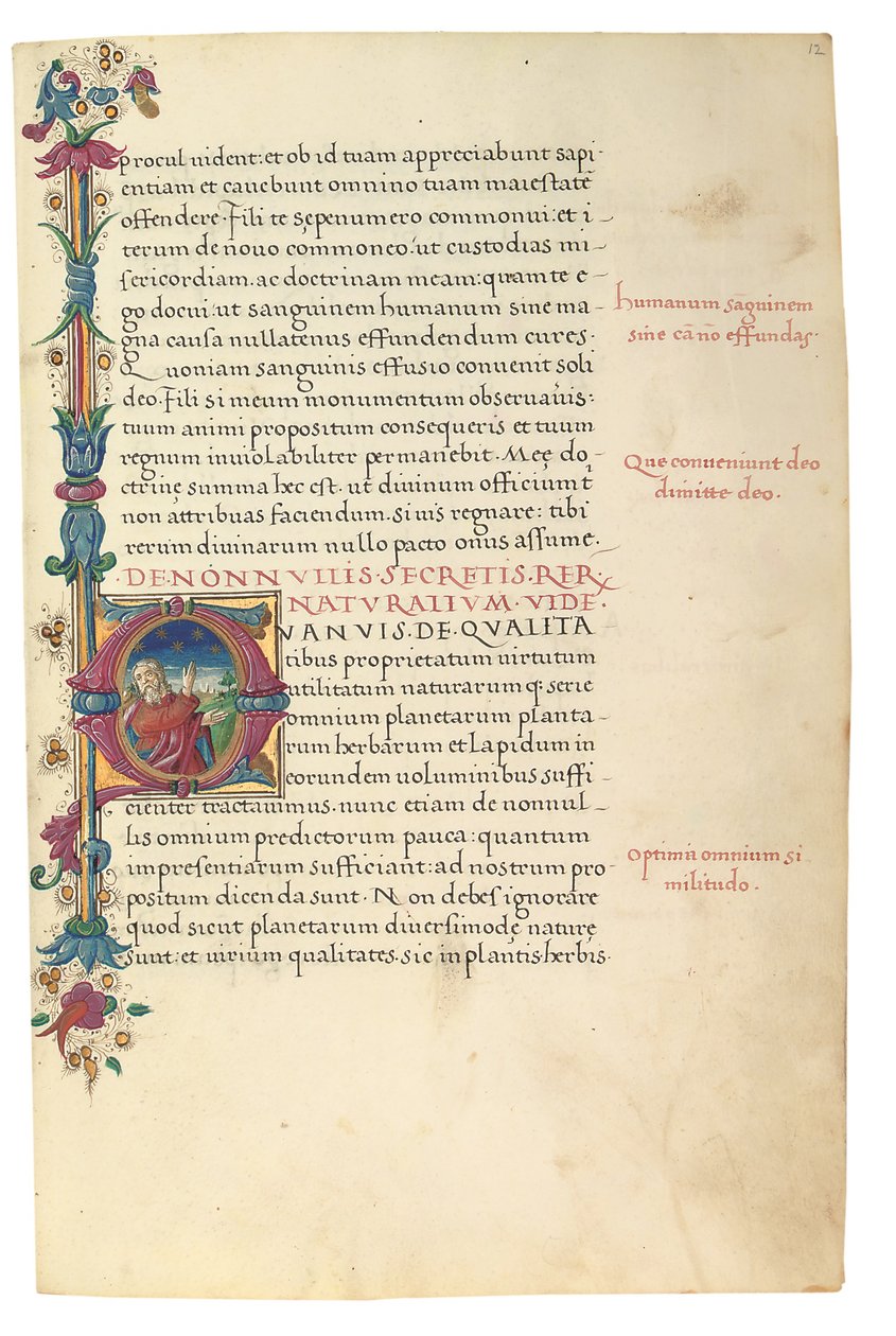 PSEUDO-ARISTOTLE, Secreta secretorum; "MARDOCHEUS IUDEUS", Epistola ad Alexandrum de cognitione veri dei; ADAM DE MONTALDO (fl. cca 1450-1495), Divinitus prolata iudicia sive premonita; Quedam alia summatim posita iudicia, Řím, cca 1490 (tuš a barva na vel od Italian School