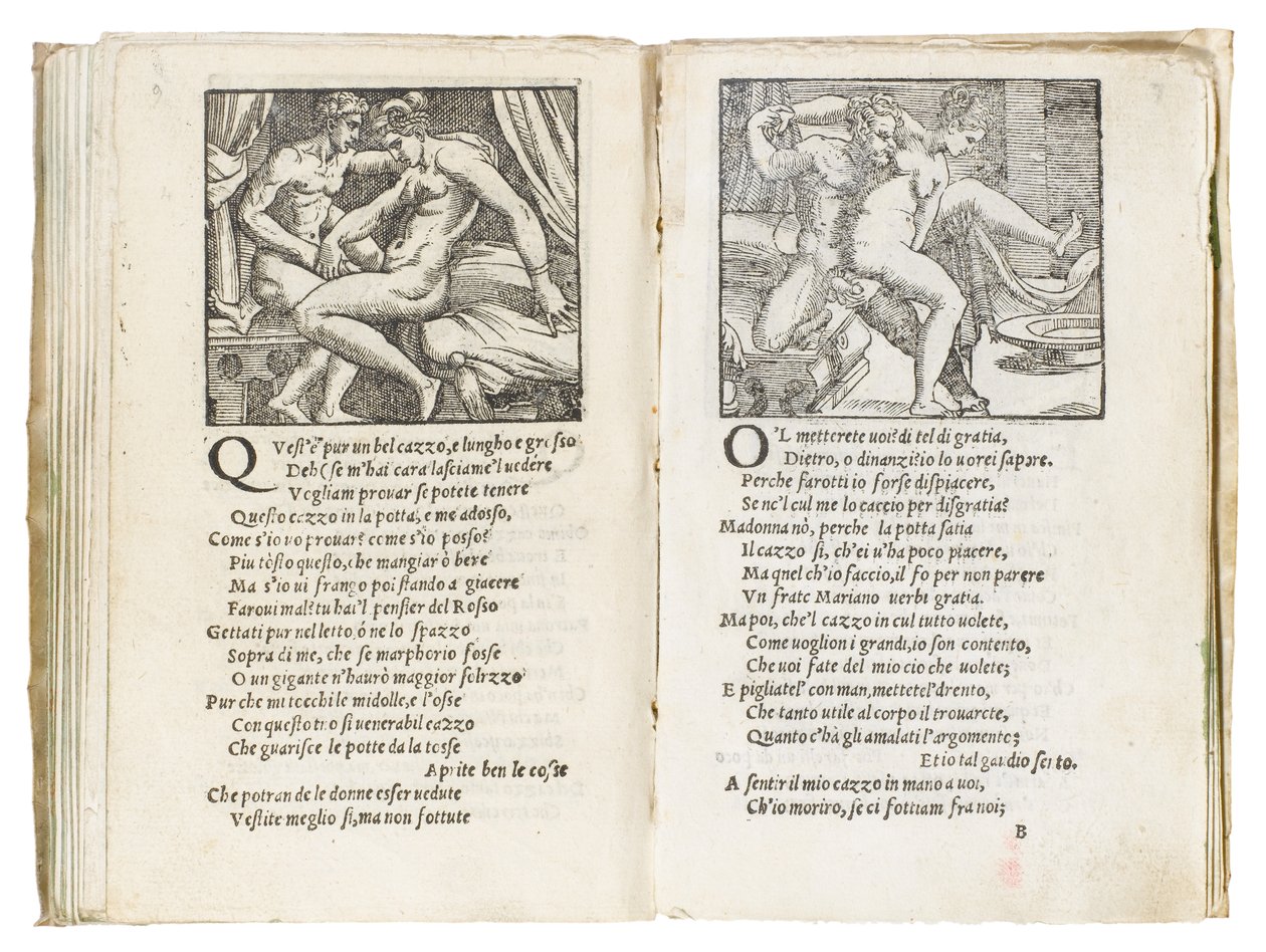 Stránka z "Sonetti Lussuriosi" od Pietra Aretina, ilustrovaná Giuliem Romanem a vyrytá Marcantoniem Raimondim, publikováno v Benátkách, kolem roku 1527 od Italian School