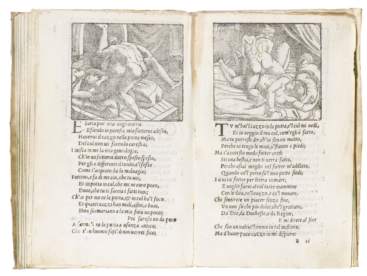 Stránka z "Sonetti Lussuriosi" od Pietra Aretina, ilustrovaná Giuliem Romanem a vyrytá Marcantoniem Raimondim, publikováno v Benátkách, kolem roku 1527 od Italian School
