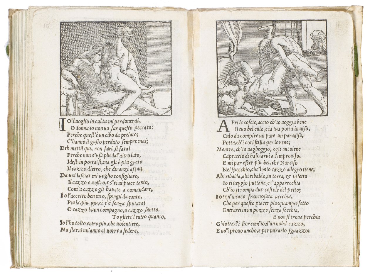 Stránka z "Sonetti Lussuriosi" od Pietra Aretina, ilustrovaná Giuliem Romanem a vyrytá Marcantoniem Raimondim, publikováno v Benátkách, kolem roku 1527 od Italian School