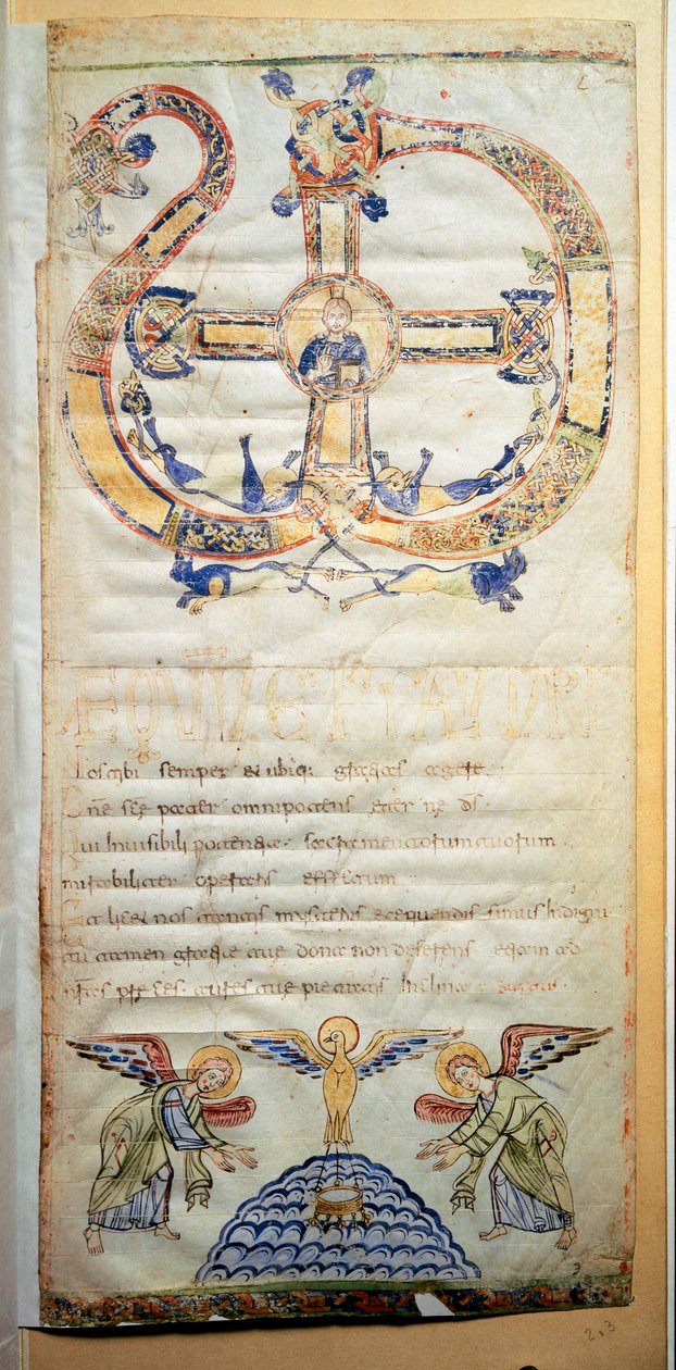 Strana pontifikálu obsahující modlitby a obřady, které má Eveque provést (Ms.724/1-Carta3) Rukopis z 10. století. Řím, Biblioteca Casanatense od Italian School