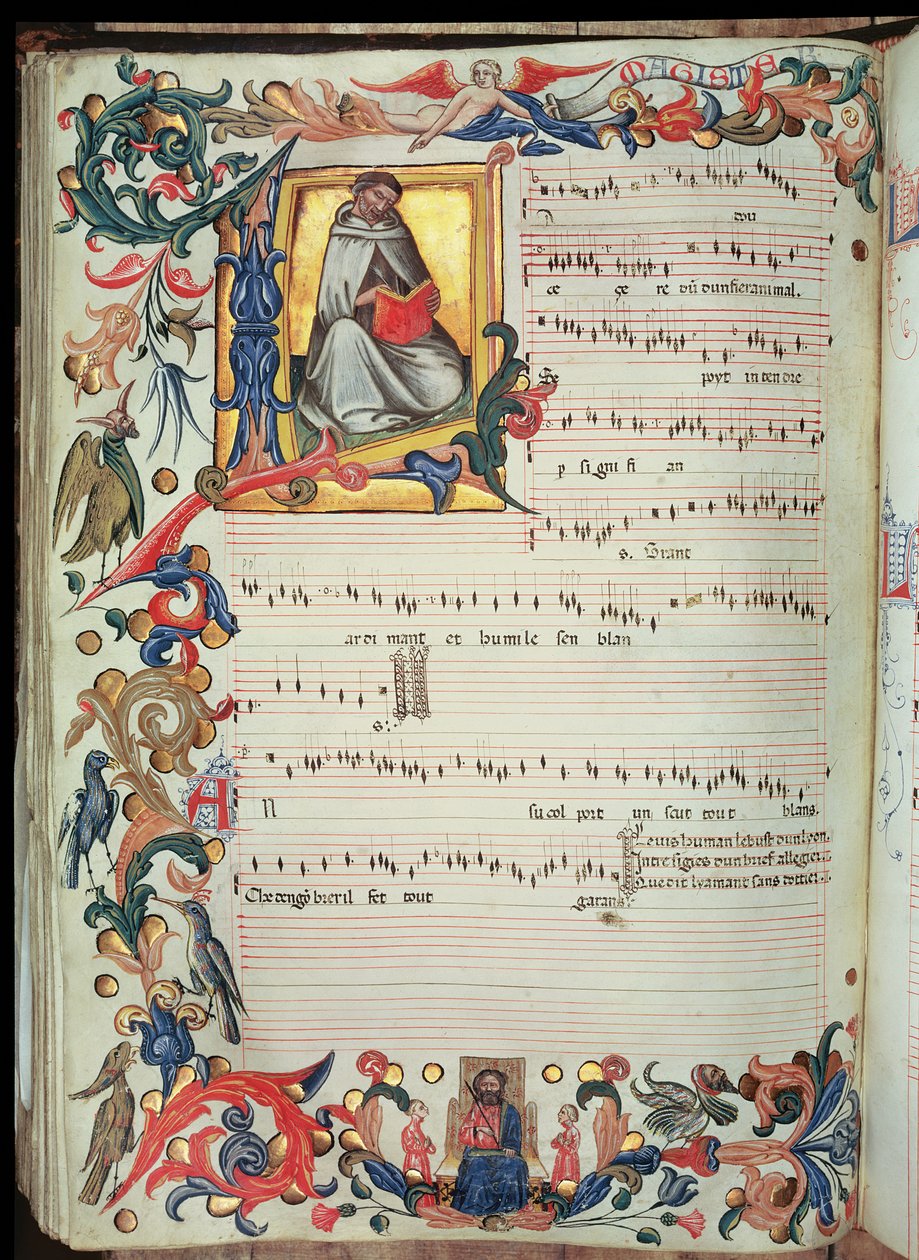 Strana notového záznamu s historickou iniciálou, z kodexu Squarcialupi, vyrobeného ve florentském klášteře S. Maria degli Angeli (vellum) od Italian School