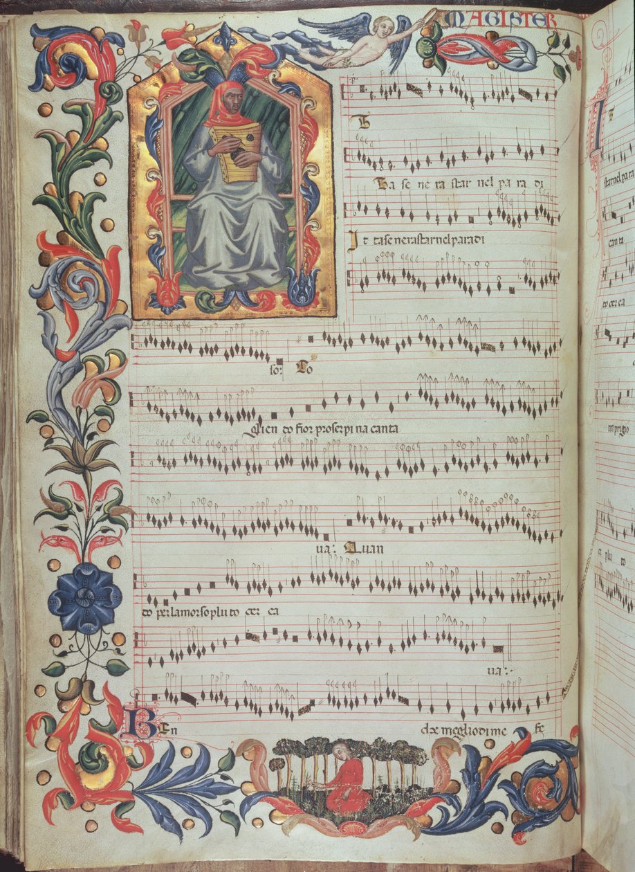 Strana notového záznamu s historickou iniciálou, z kodexu Squarcialupi, vyrobeného ve florentském klášteře S. Maria degli Angeli (vellum) od Italian School