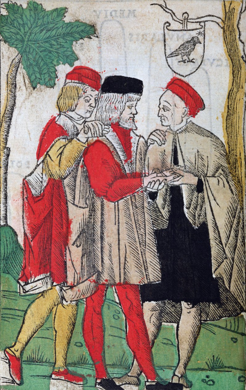 Čtení z dlaně z Chiromantie od Andrea Corvo, 1581 (barevný dřevoryt) od Italian School