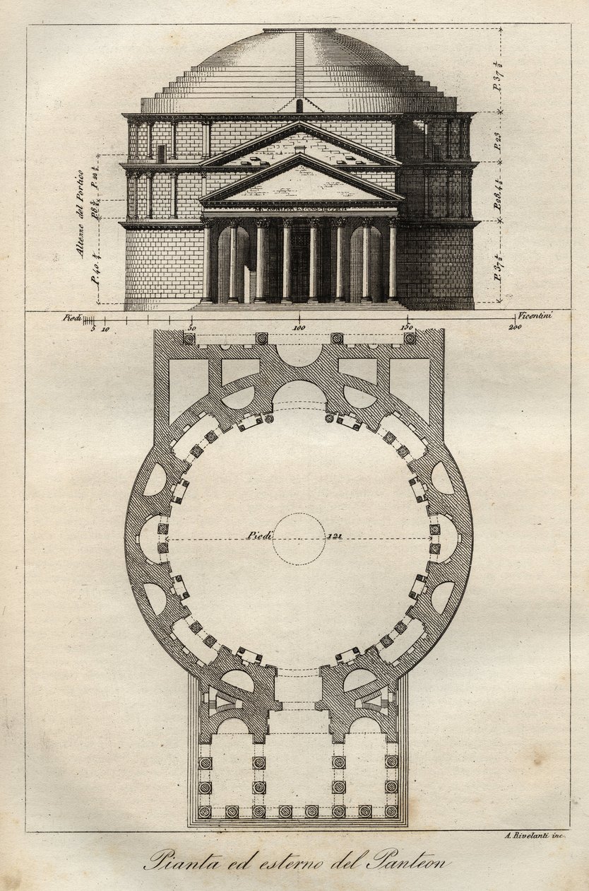 Římský pantheon, dokončený v c. 125 n. l. za vlády Hadriána – rytina z „“ Zvyků a tradic všech národů vesmíru. To je historie vlády, zákonů, milicí, náboženství všech národů od nejvzdálenějších dob až po g od Italian School