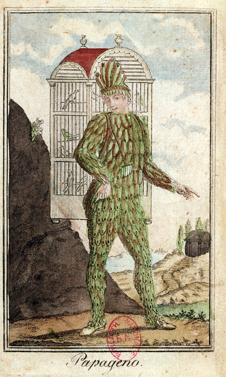 Papageno, lapač ptáků, z Kouzelné flétny od Wolfganga Amadea Mozarta (1756-91), od Italian School