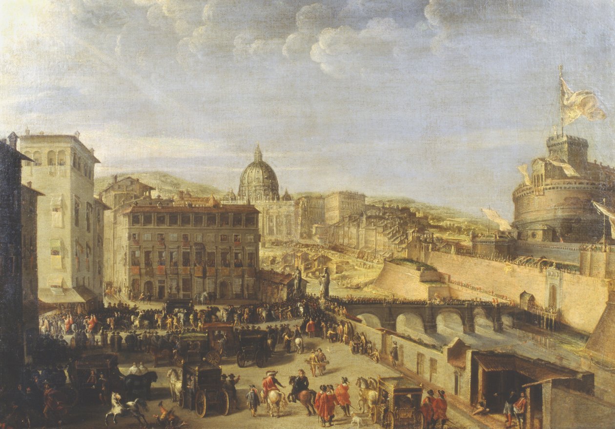 Papežský průvod u mostu SantAngelo od Italian School