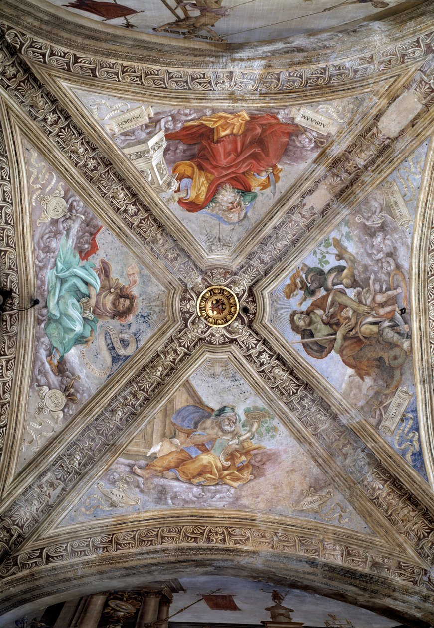 Patriarchové Adam, Abraham, Jacob a Noe. 14. století, freska od Italian School