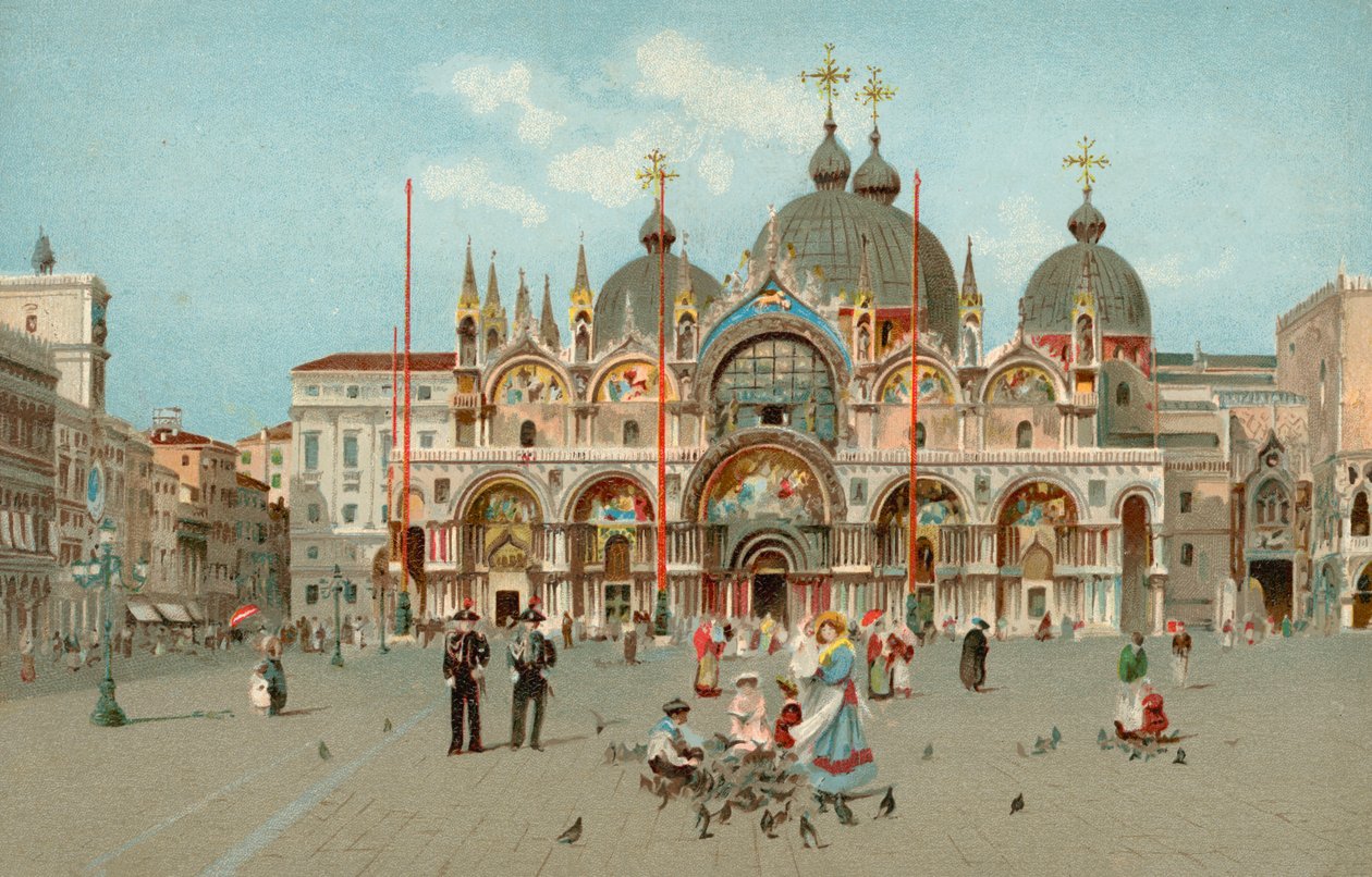 Piazza San Marco a bazilika svatého Marka, Benátky, Itálie (chromolit) od Italian School
