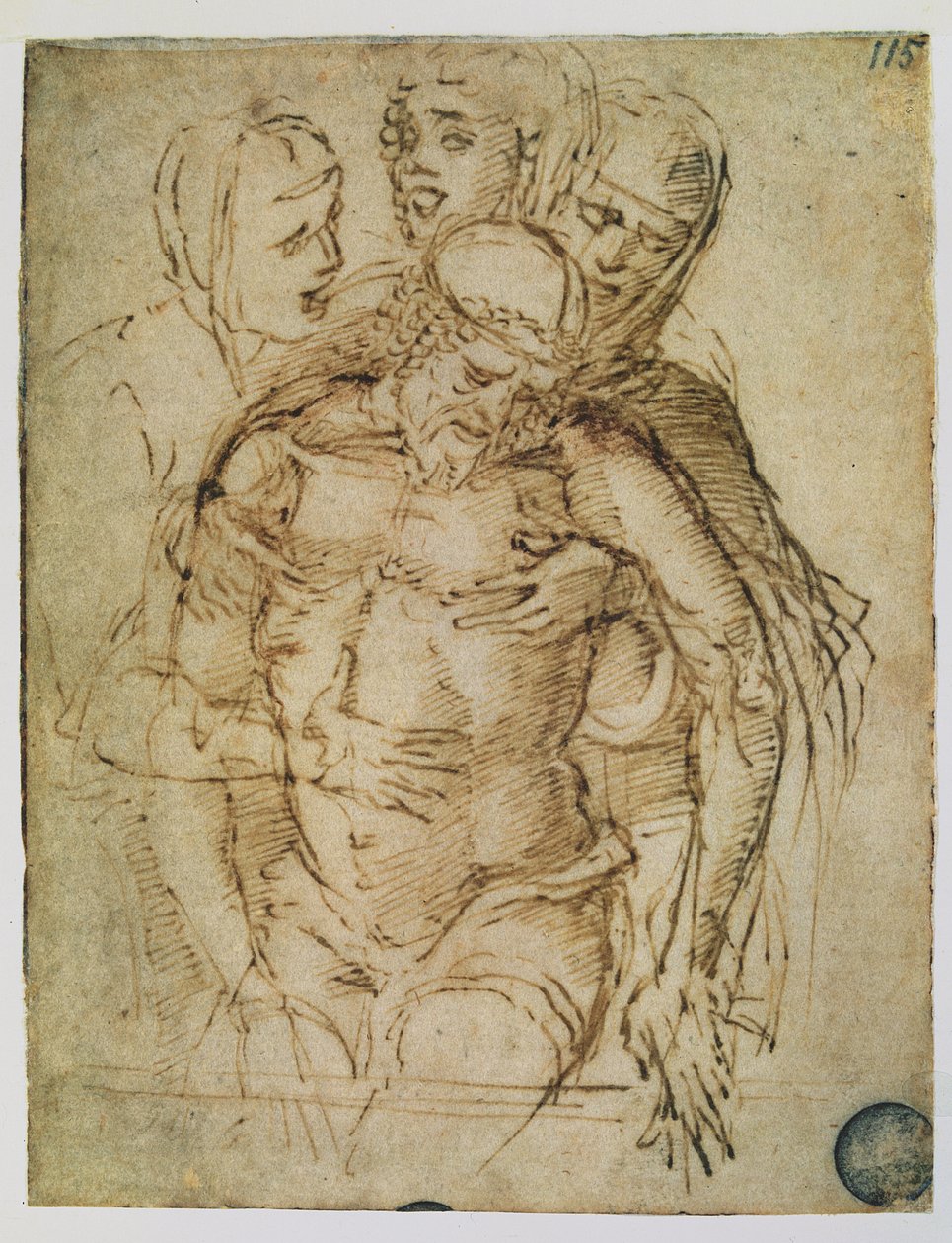 Pieta, připisovaná buď Giovanni Bellinimu (asi 1430-1516) nebo Andrei Mantegnovi (1430-1516) (pero a inkoust na papíře) od Italian School
