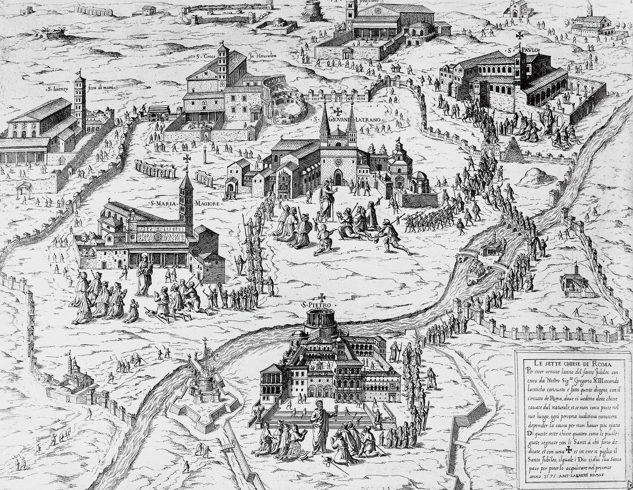 Poutníci navštěvující sedm kostelů v Římě během svatého roku 1575, rytina, Itálie od Italian School
