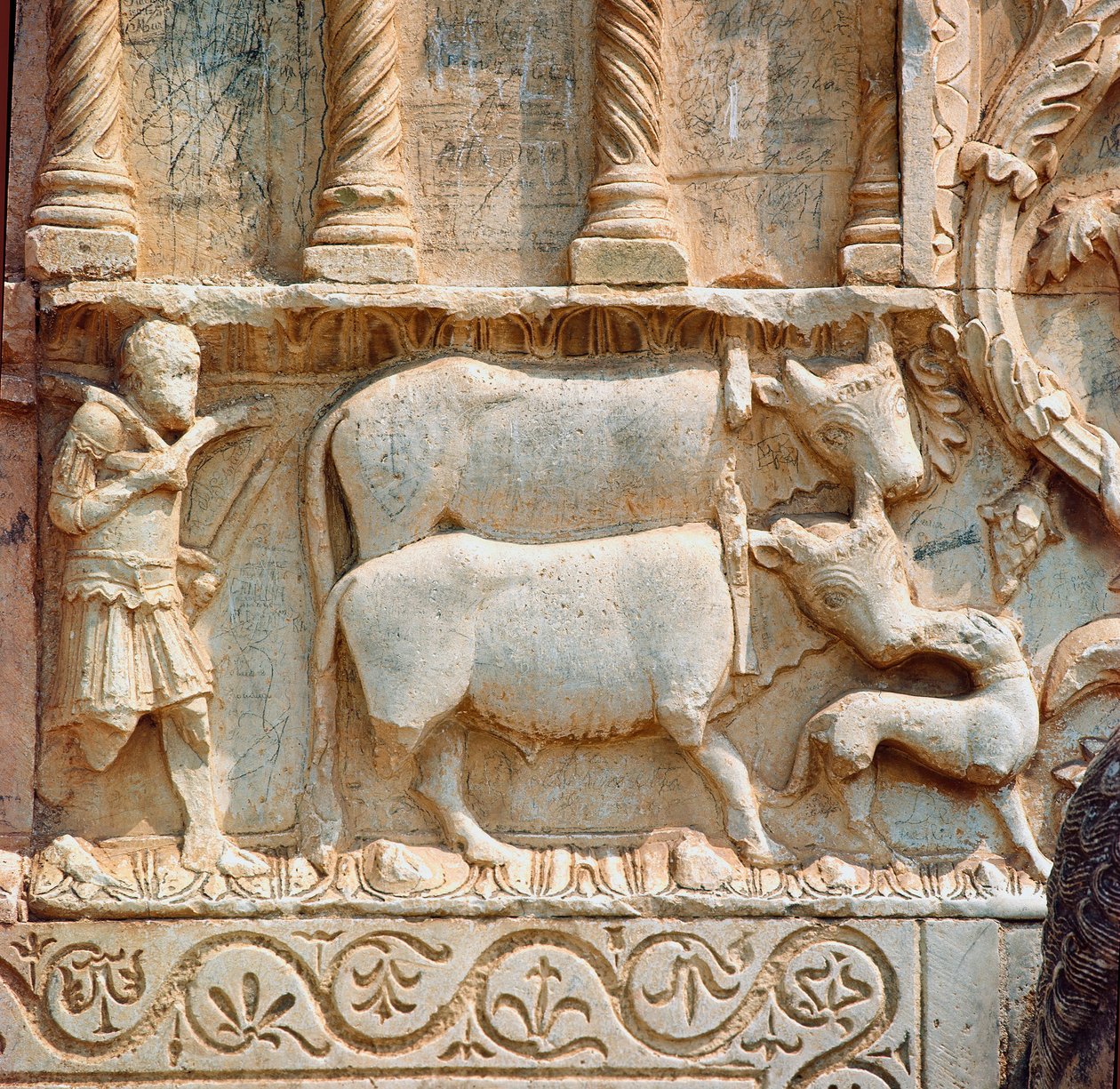 Pilling scéna. Detail. Nízký reliéf z 12. století. Kostel San Pietro de Spoleto od Italian School