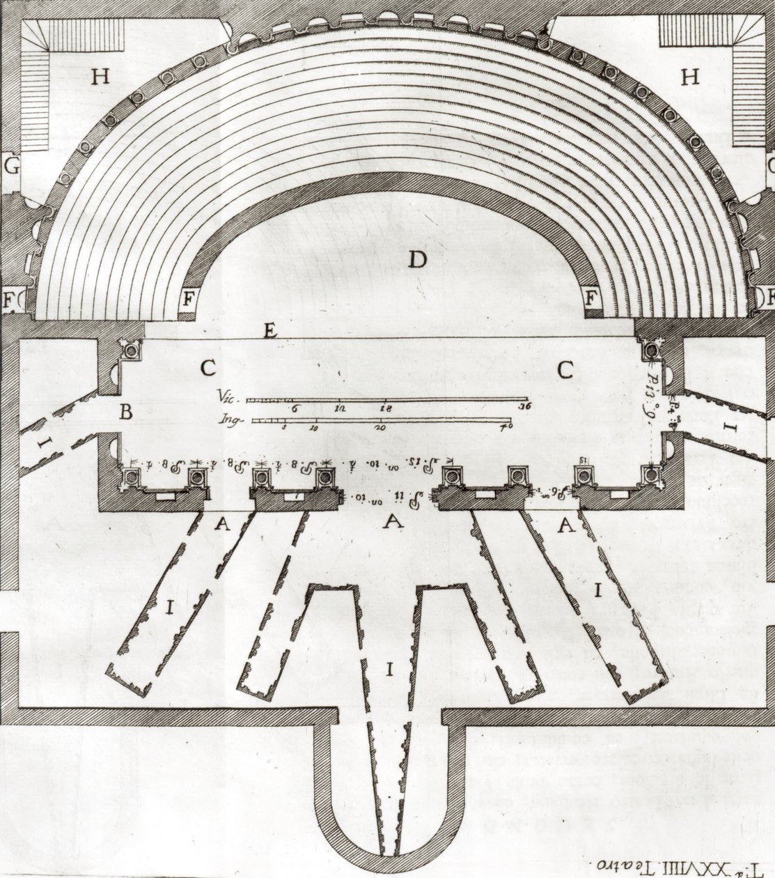 Plán olympijského divadla, Vicenza, navržený Andrea Palladio (1508-80), postavený v letech 1580-85 od Italian School