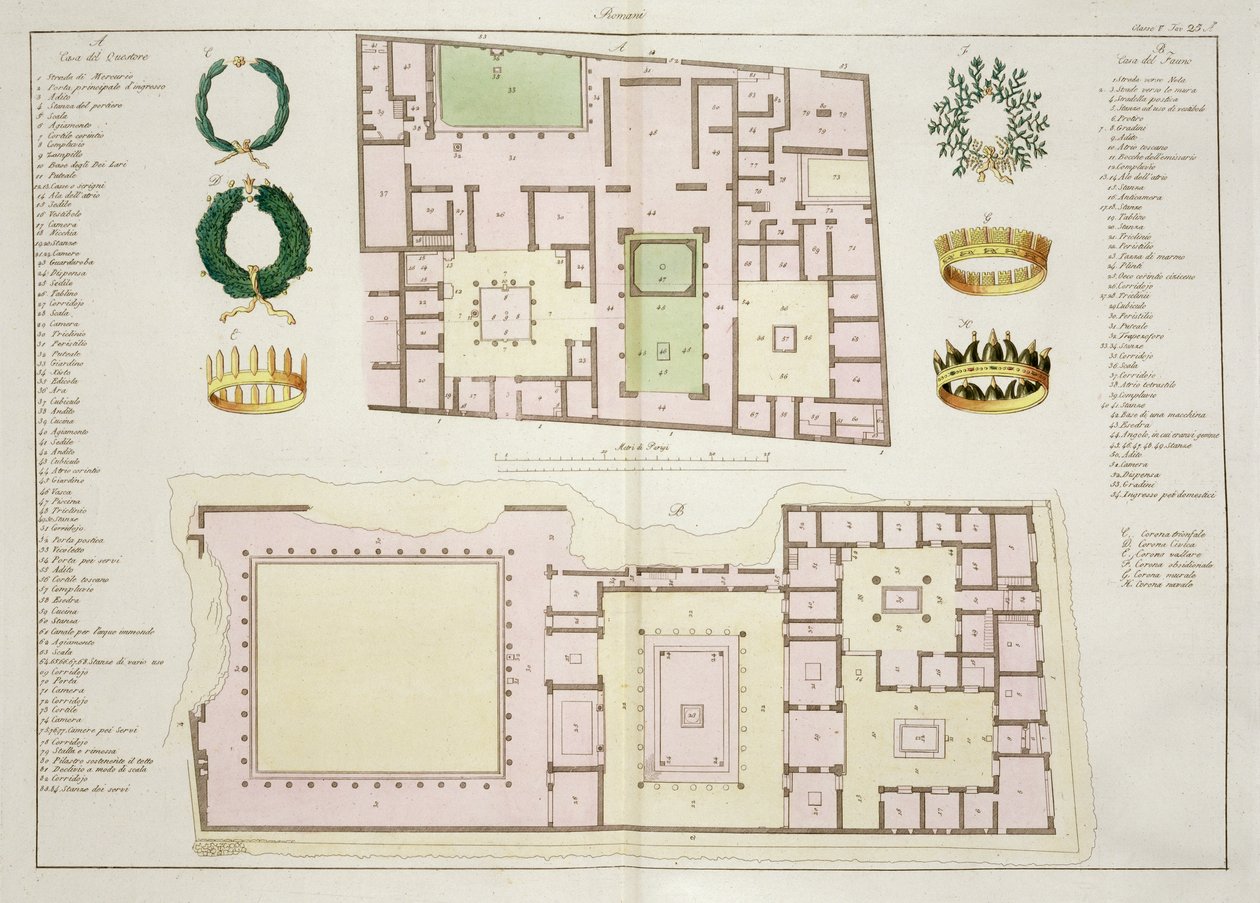 Plány Domu Questorů a Domu Faunů, Pompeje, deska 25A, třída 5 z části I Historie národů (akvatinta) od Italian School