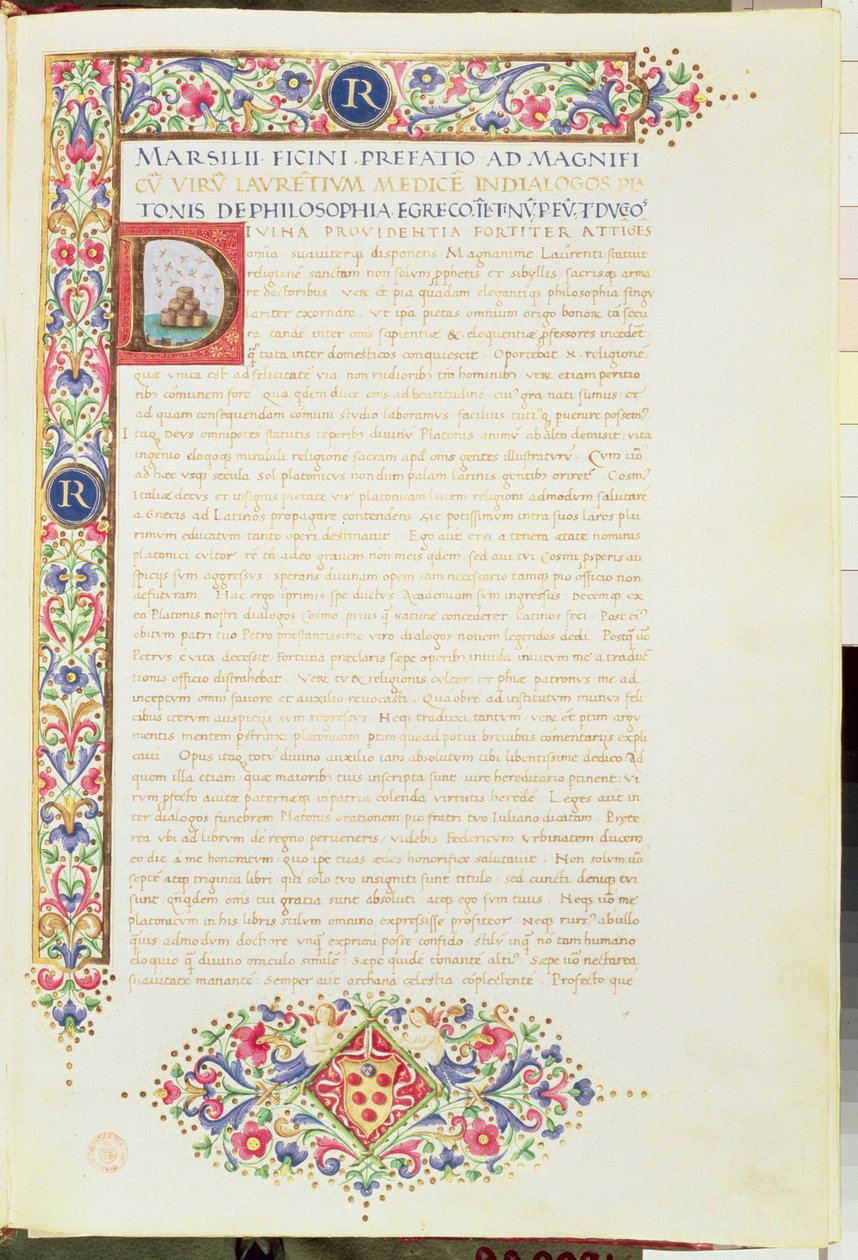 Plut 82.6 C.1 Platónovy dialogy přeložené Ficinem a věnované Lorenzovi Nádhernému, asi 1480 (pergamen) od Italian School