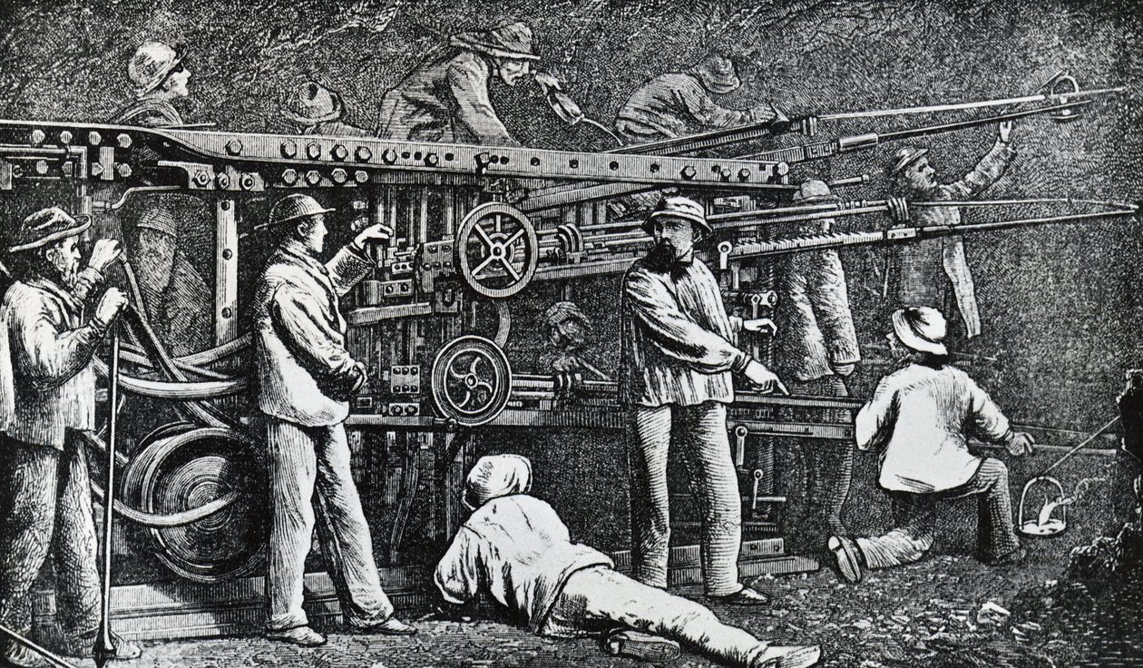 Pneumatický stroj na vrtání hornin, který vytvořil Giovanni Battista Piatti a zdokonalil Germano Sommeiller (1815-1871), rytina Itálie od Italian School