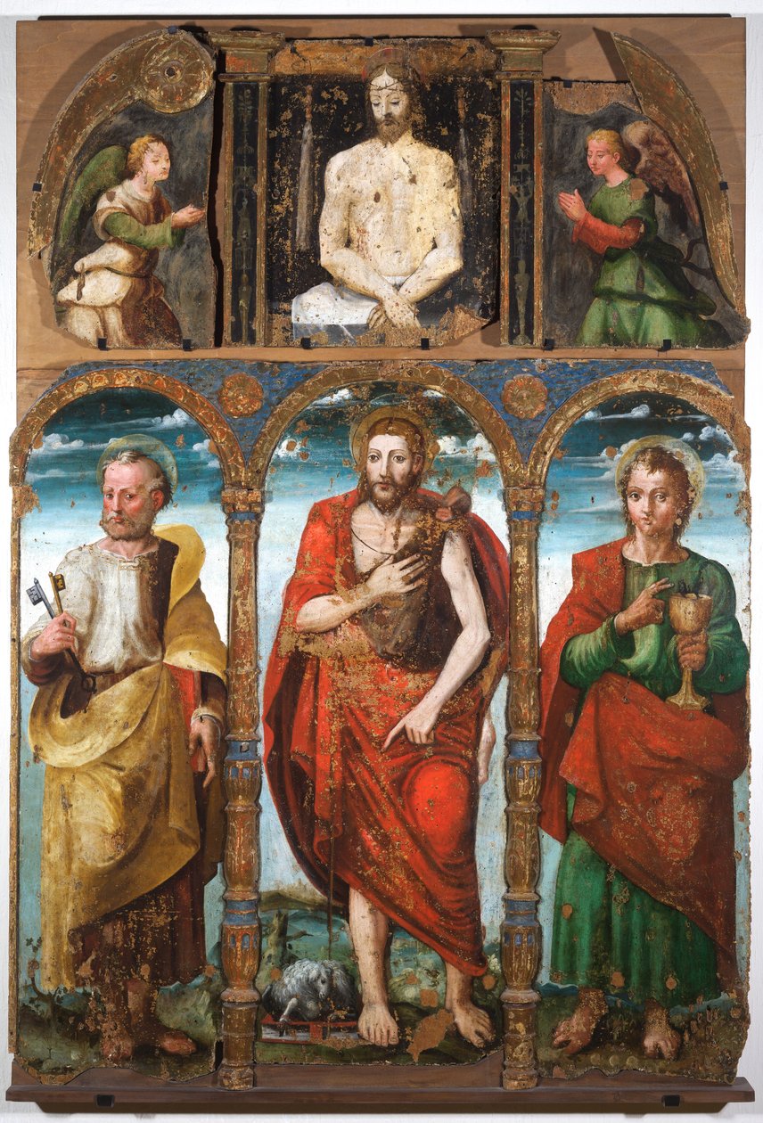 Polyptych Svatý Jan Křtitel se svatým Petrem a svatým Janem Evangelistou, první polovina 16. století (tempera na desce) od Italian School