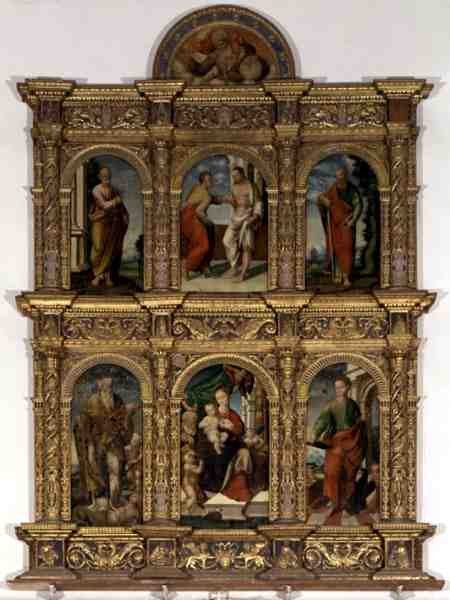 Polyptych zobrazující Madonu s dítětem se svatými (olej na panelu) od Italian School