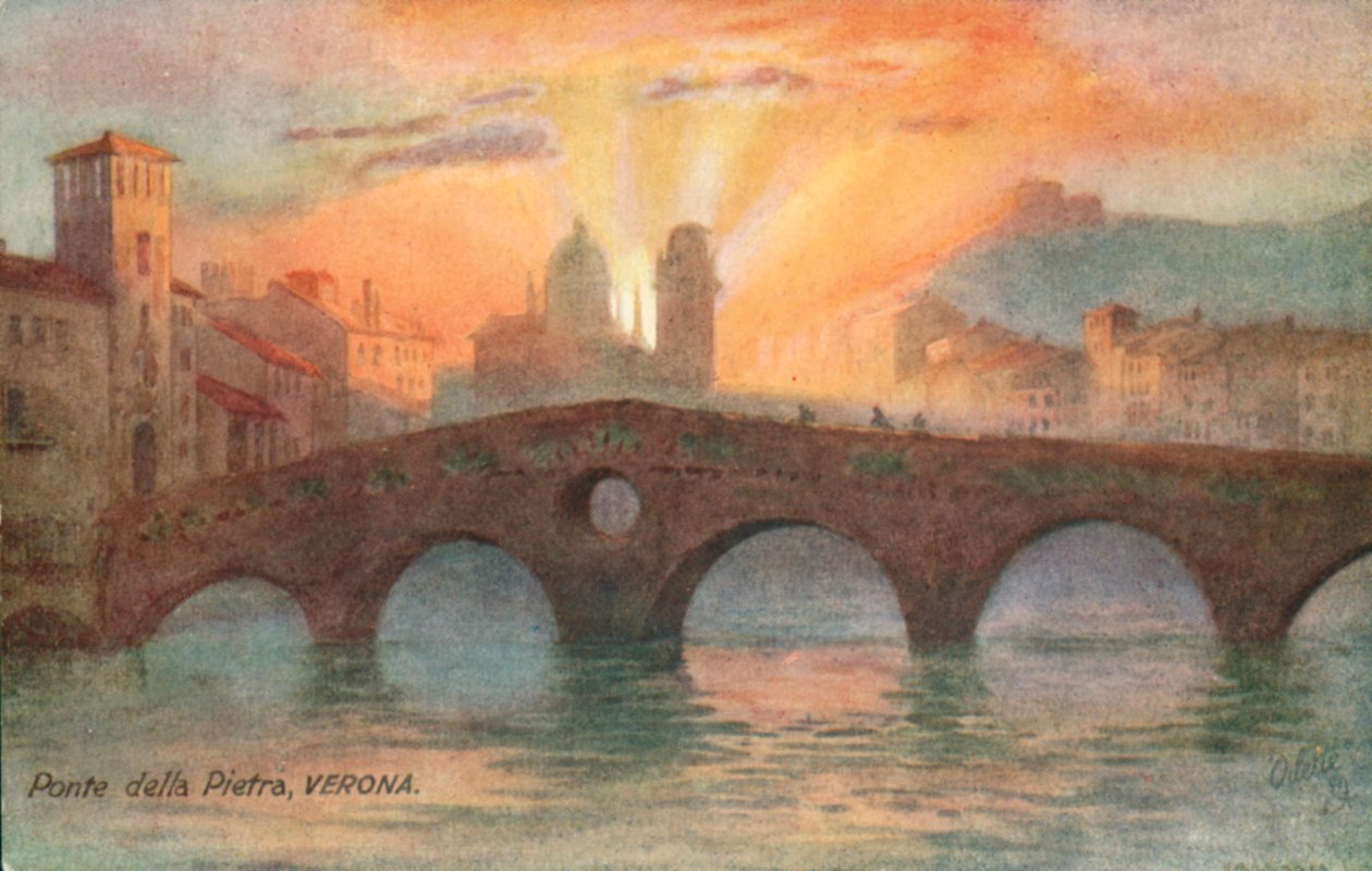 Ponte Pietra, nejstarší římský most, Verona, Itálie (barevná litografie) od Italian School