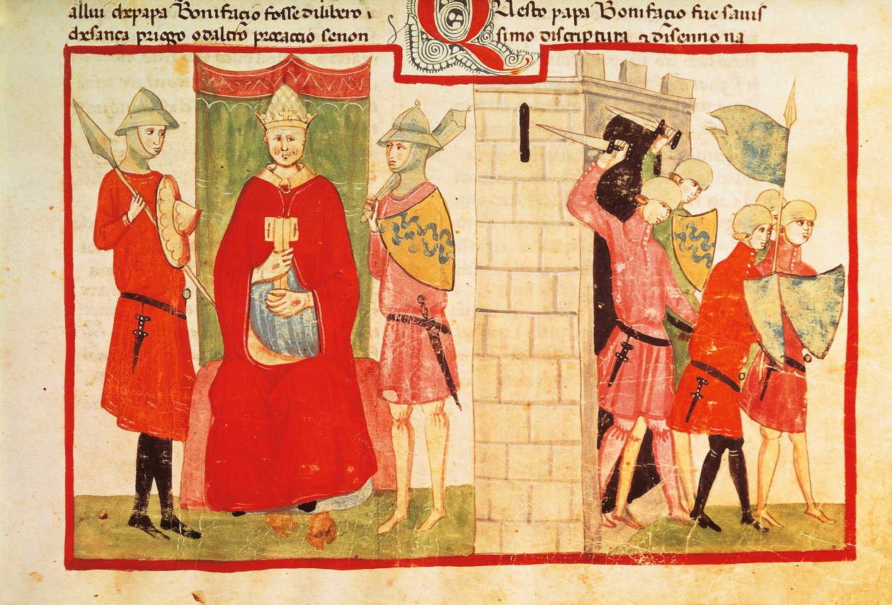 Papež Bonifác VIII v Anagni a vyhnání Sciarra Colonna (Giacomo Colonna) z města, miniatura z kroniky Giovanniho Villaniho, rukopis Chigi L VIII 296 folio 176 recto, Itálie 14. století. od Italian School