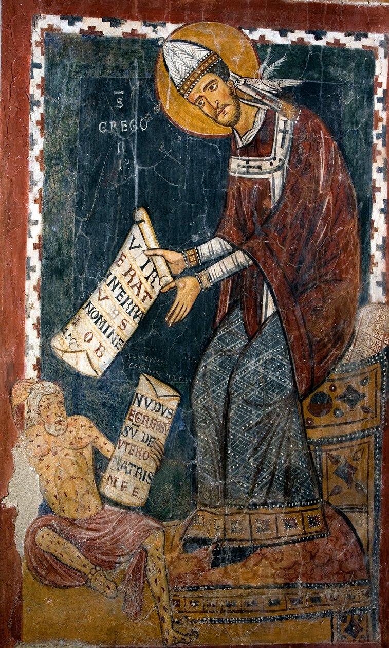 Papež Gregoire I. Veliký (540-604) a Job Saint Gregoire drží list, na kterém je latinsky napsáno „“Vir erat in terra Hus nomine Job“““ (Byl jeden muž ze země Hus, který se jmenoval Job), a Job „“ Nudus egressus sum de utero matris meae““ (Nu I od Italian School