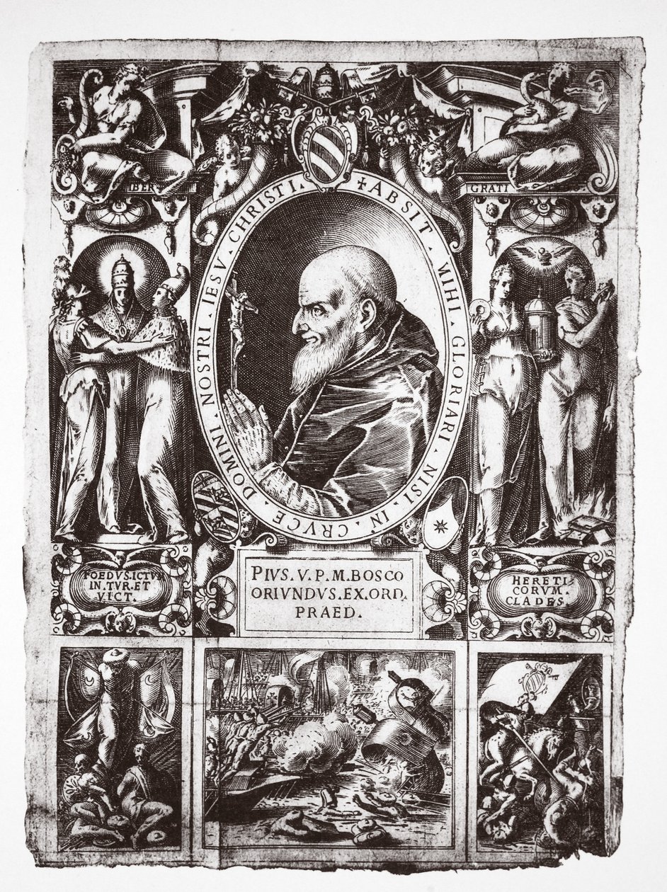 Papež Pius V., s vinětami bitvy u Lepanta, z Vita del Gloriosissimo Papa Pio Quinto, hospoda. 1586 od Italian School