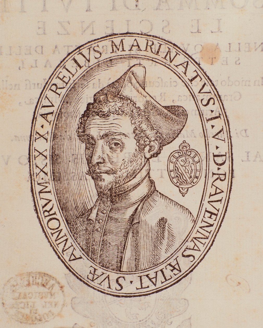 Portrét Aurelia Marinatiho. Stránka z Součet všech věd od Italian School